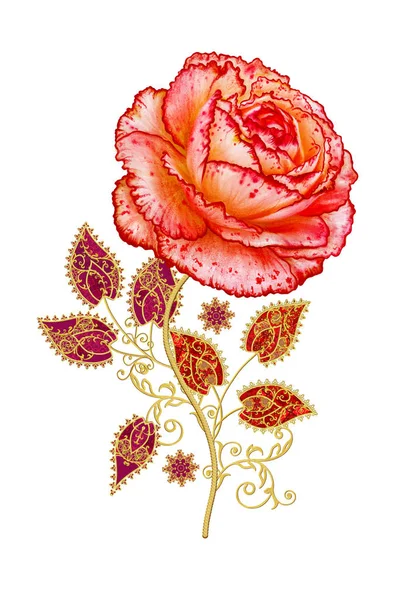 Dekoratif dekorasyon, desenli eleman, hassas dokulu yaprakları güzel dantel yapılmış. Parlak bukleler, bud kırmızı gül jeweled. Hassas dokuma ajur.