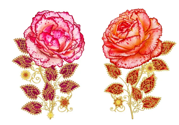 Dekoratif dekorasyon, desenli eleman, hassas dokulu yaprakları güzel dantel yapılmış. Parlak bukleler, bud kırmızı gül jeweled. Hassas dokuma ajur.