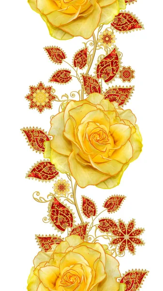 Dikişsiz desen çiçek dikey kenarlık. Dekoratif dekorasyon, desenli eleman, hassas dokulu yaprakları güzel dantel yapılmış. Parlak bukleler, bud sarı gül jeweled. Hassas dokuma ajur.