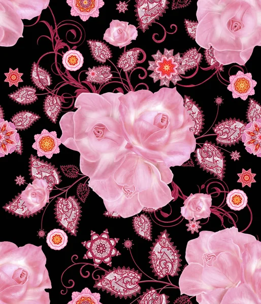 Seamless modeli. Dekoratif dekorasyon, desenli eleman, hassas dokulu yaprak güzel dantel ve inci yapılmış. Parlak bukleler, bud pastel pembe Gül jeweled. Hassas dokuma Ajur.