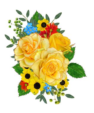 Çiçek aranjmanı. Buket, kompozisyon sarı gül ' yeşil yaprakları, meyveleri dalları. Beyaz arka plan üzerinde izole.