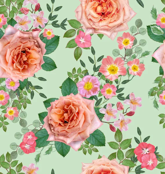 Florales Nahtloses Muster Blumenschmuck Strauß Zarter Rosa Rosen Grüne Blätter — Stockfoto