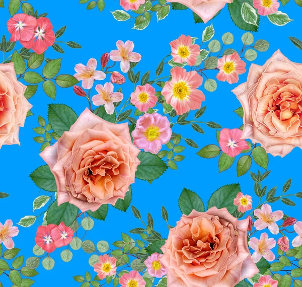 Naadloze Bloemmotief Bloemstuk Boeket Delicaat Mooie Roze Rozen Groene Bladeren — Stockfoto