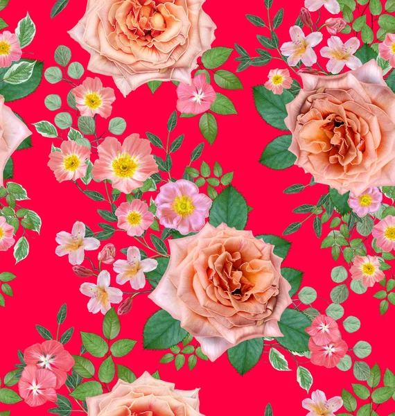 Naadloze Bloemmotief Bloemstuk Boeket Delicaat Mooie Roze Rozen Groene Bladeren — Stockfoto