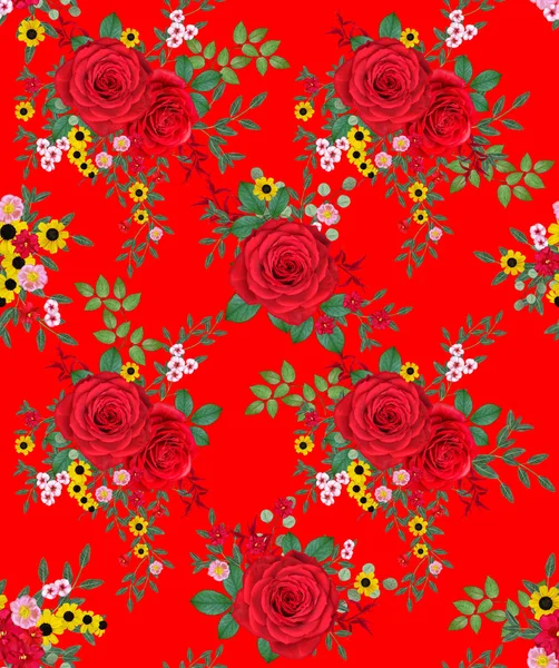 Floral Seamless Pattern Red Large Roses Green Leaves Yellow Flowers — Stock Photo, Image