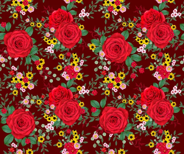 Floral Seamless Pattern Red Large Roses Green Leaves Yellow Flowers — Stock Photo, Image