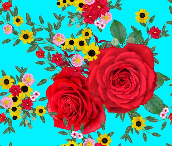 Florales Nahtloses Muster Rote Große Rosen Grüne Blätter Gelbe Blüten — Stockfoto