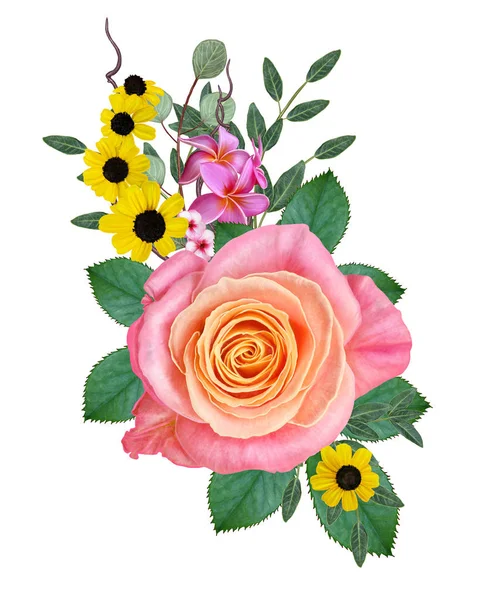 Aranžování Květin Kytice Složení Růžových Růží Zelené Listy Bobule Větve — Stock fotografie