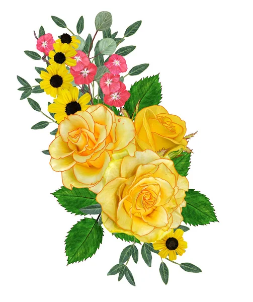 Arreglo Floral Ramo Composición Rosas Amarillas Hojas Verdes Ramas Bayas — Foto de Stock