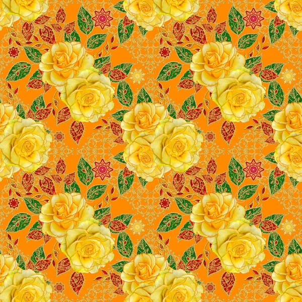 Seamless pattern floral. Decorative decoration, paisley element, delicate textured leaves made of fine lace. Jeweled shiny curls, bud yellow rose. Openwork weaving delicate.