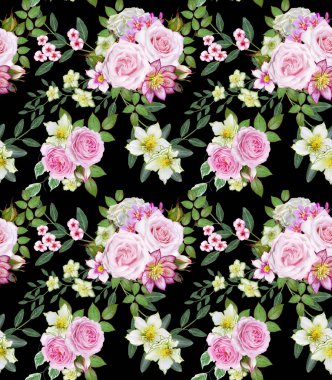 Çiçek seamless modeli. Aranjman çiçek, buket hassas güzel pembe gül, yeşil yaprakları.