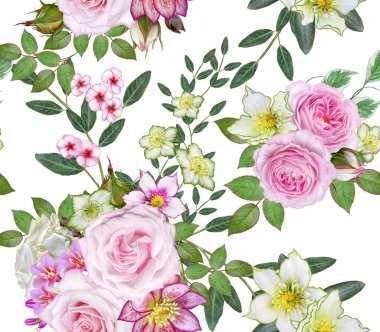 Çiçek seamless modeli. Aranjman çiçek, buket hassas güzel pembe gül, yeşil yaprakları.