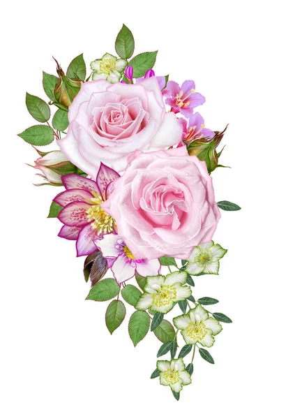 Disposizione Floreale Bouquet Composizione Rose Rosa Foglie Verdi Rami Bacche — Foto Stock