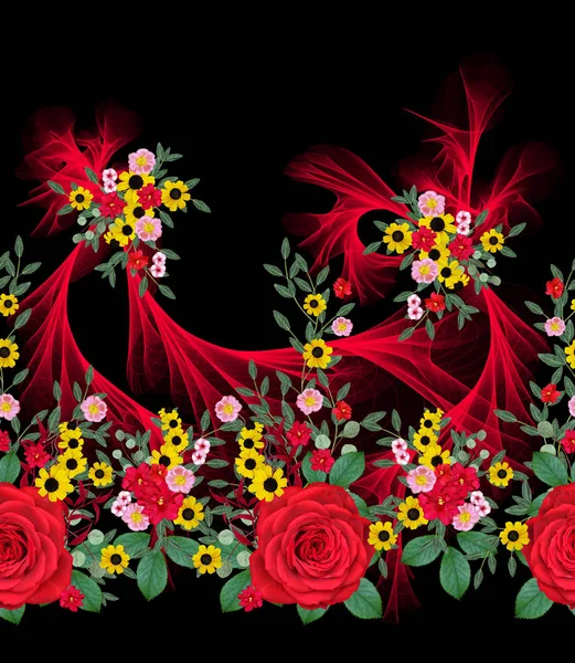 Florale Nahtlose Muster Horizontale Grenze Rote Große Rosen Grüne Blätter — Stockfoto