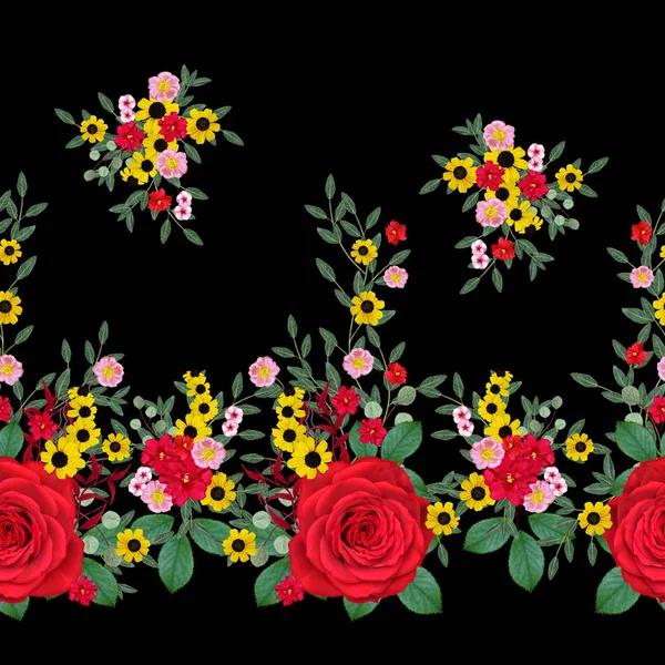 Krawędź Pozioma Kwiatowy Wzór Czerwone Róże Duże Zielone Liście Kwiaty — Zdjęcie stockowe