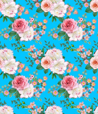 Çiçek seamless modeli. Aranjman çiçek, buket hassas güzel pembe gül, beyaz peonies yeşil yaprakları.