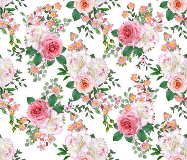 Çiçek seamless modeli. Aranjman çiçek, buket hassas güzel pembe gül, beyaz peonies yeşil yaprakları.