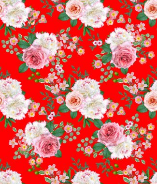 Çiçek seamless modeli. Aranjman çiçek, buket hassas güzel pembe gül, beyaz peonies yeşil yaprakları.