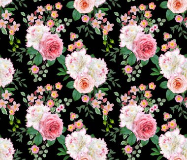 Çiçek seamless modeli. Aranjman çiçek, buket hassas güzel pembe gül, beyaz peonies yeşil yaprakları.