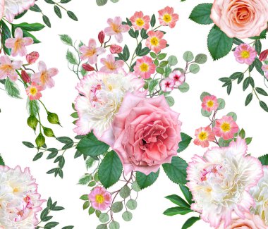 Çiçek seamless modeli. Aranjman çiçek, buket hassas güzel pembe gül, beyaz peonies yeşil yaprakları.