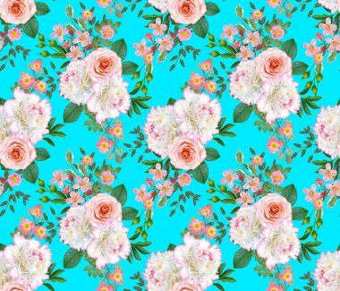Çiçek seamless modeli. Aranjman çiçek, buket hassas güzel pembe gül, beyaz peonies yeşil yaprakları.