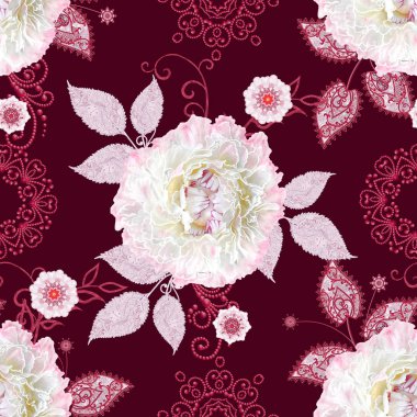 Seamless modeli. Pastel pembe Gül, kelebek dekoratif dekorasyon, desenli öğesi, hassas dokulu gümüş yaprakları yapılmış ince dantel ve inciler, iplik boncuklar, ahbap. Hassas dokuma Ajur