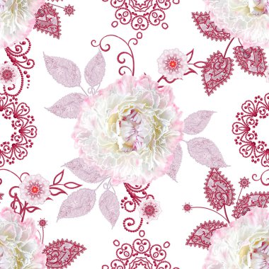 Seamless modeli. Pastel pembe Gül, kelebek dekoratif dekorasyon, desenli öğesi, hassas dokulu gümüş yaprakları yapılmış ince dantel ve inciler, iplik boncuklar, ahbap. Hassas dokuma Ajur