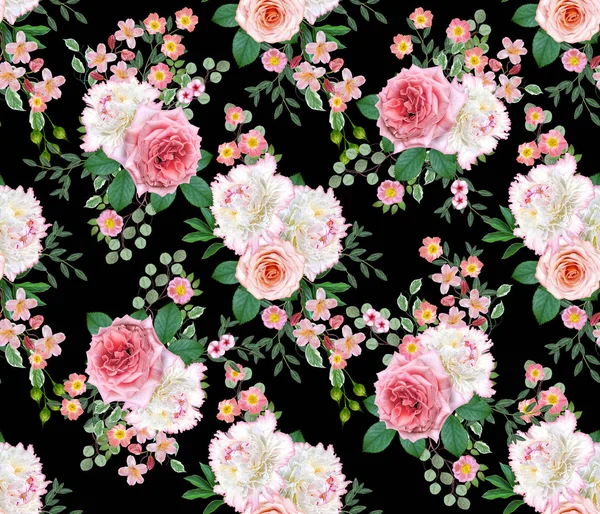Varrat Nélküli Virágmintás Virágkötészeti Csokor Finom Gyönyörű Rózsaszín Rózsa Fehér — Stock Fotó