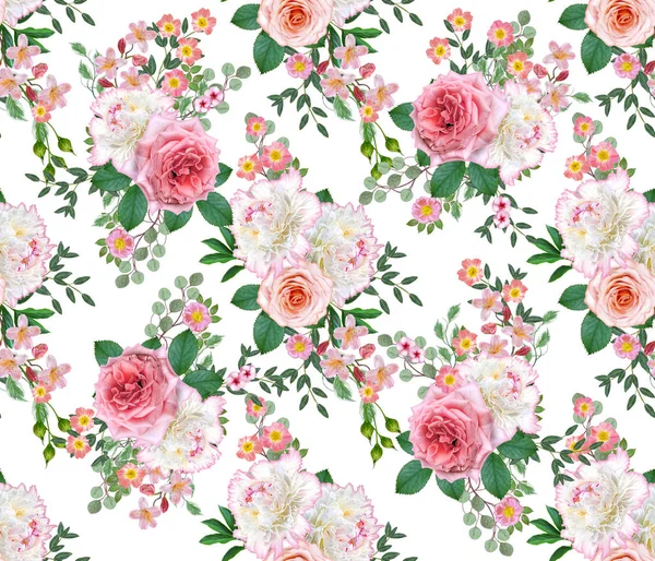 花のシームレスなパターン フラワーアレンジメント 花束緑の繊細な美しいピンクのバラ 白牡丹の葉します — ストック写真
