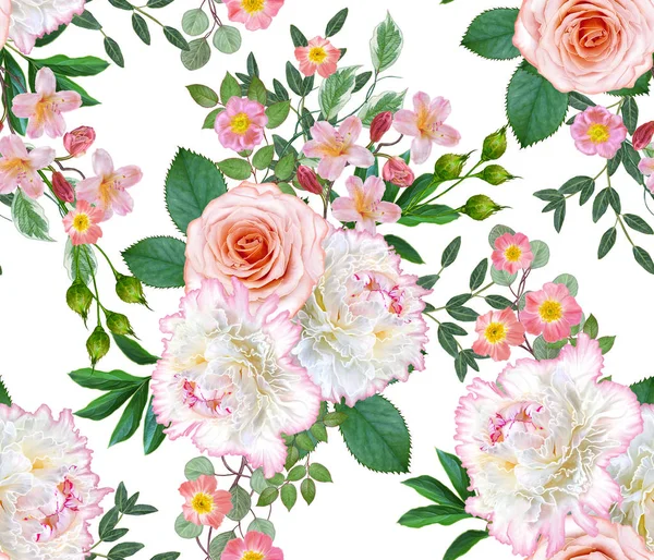 Florales Nahtloses Muster Blumenschmuck Strauß Zarter Rosa Rosen Weiße Pfingstrosen — Stockfoto