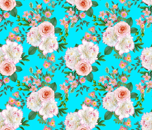 Florales Nahtloses Muster Blumenschmuck Strauß Zarter Rosa Rosen Weiße Pfingstrosen — Stockfoto