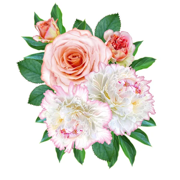 Kompozycja Kwiat Bukiet Przetargu Białe Różowe Piwonie Pastelowe Róże Zielonych — Zdjęcie stockowe