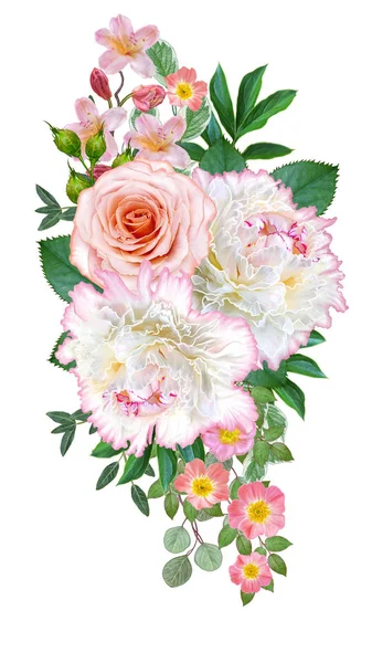 Composición Floral Ramo Tiernas Peonías Rosadas Blancas Rosas Pastel Hojas —  Fotos de Stock