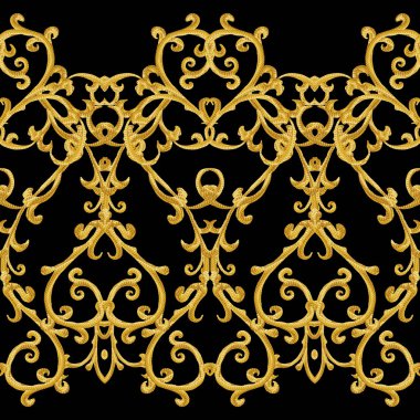 Seamless modeli. Altın dokulu bukleler. Oryantal tarzı Arabesk. Parlak dantel, stilize çiçekler. Narin, altın arka plan dokuma Ajur.