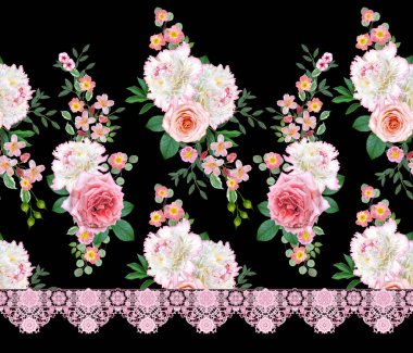 Çiçek seamless modeli. Aranjman çiçek, buket hassas güzel pembe gül, beyaz peonies yeşil yaprakları.