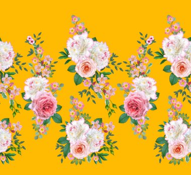 Çiçek seamless modeli. Aranjman çiçek, buket hassas güzel pembe gül, beyaz peonies yeşil yaprakları.