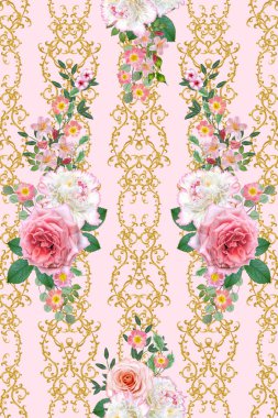 Garland, hassas turuncu gül, beyaz şakayık, parlak pembe çiçekler Buket. Seamless modeli. Altın dokulu bukleler. Oryantal tarzı arabesk. Parlak dantel. Hassas dokuma ajur.