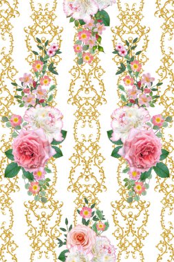 Garland, hassas turuncu gül, beyaz şakayık, parlak pembe çiçekler Buket. Seamless modeli. Altın dokulu bukleler. Oryantal tarzı arabesk. Parlak dantel. Hassas dokuma ajur.