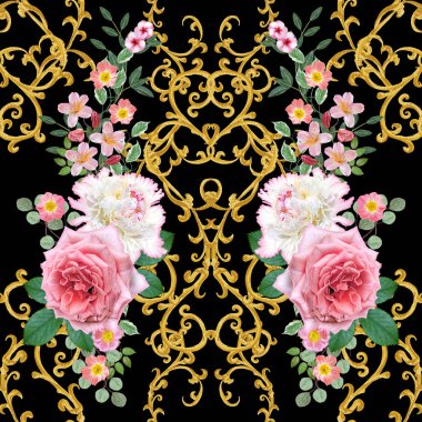 Garland, hassas turuncu gül, beyaz şakayık, parlak pembe çiçekler Buket. Seamless modeli. Altın dokulu bukleler. Oryantal tarzı arabesk. Parlak dantel. Hassas dokuma ajur.