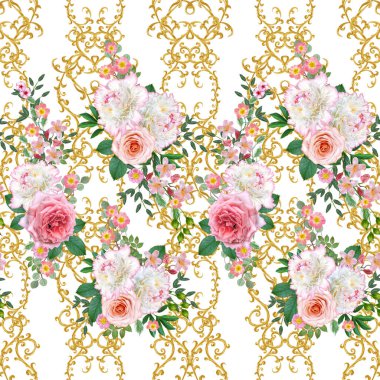 Garland, hassas turuncu gül, beyaz şakayık, parlak pembe çiçekler Buket. Seamless modeli. Altın dokulu bukleler. Oryantal tarzı arabesk. Parlak dantel. Hassas dokuma ajur.