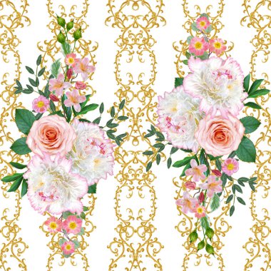 Garland, hassas turuncu gül, beyaz şakayık, parlak pembe çiçekler Buket. Seamless modeli. Altın dokulu bukleler. Oryantal tarzı arabesk. Parlak dantel. Hassas dokuma ajur.
