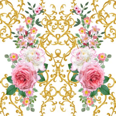 Garland, hassas turuncu gül, beyaz şakayık, parlak pembe çiçekler Buket. Seamless modeli. Altın dokulu bukleler. Oryantal tarzı arabesk. Parlak dantel. Hassas dokuma ajur.
