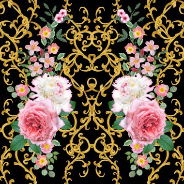 Garland, hassas turuncu gül, beyaz şakayık, parlak pembe çiçekler Buket. Seamless modeli. Altın dokulu bukleler. Oryantal tarzı arabesk. Parlak dantel. Hassas dokuma ajur.