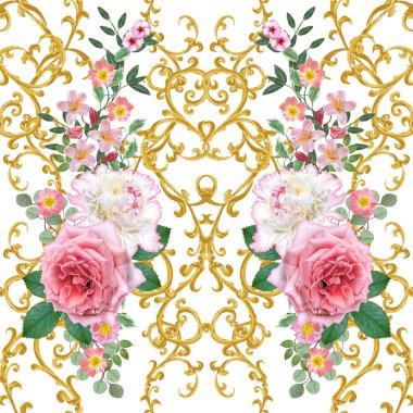 Garland, hassas turuncu gül, beyaz şakayık, parlak pembe çiçekler Buket. Seamless modeli. Altın dokulu bukleler. Oryantal tarzı arabesk. Parlak dantel. Hassas dokuma ajur.