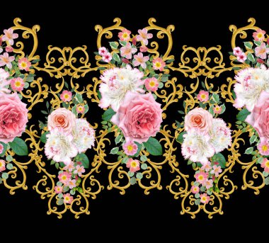 Garland, hassas turuncu gül, beyaz şakayık, parlak pembe çiçekler Buket. Seamless modeli. Altın dokulu bukleler. Oryantal tarzı arabesk. Parlak dantel. Hassas dokuma ajur.