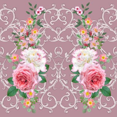 Garland, hassas turuncu gül, beyaz şakayık, parlak pembe çiçekler Buket. Seamless modeli. gümüş dokulu bukleler. Oryantal tarzı arabesk. Parlak dantel. Hassas dokuma ajur.