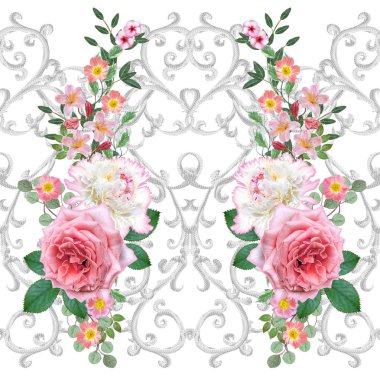 Garland, hassas turuncu gül, beyaz şakayık, parlak pembe çiçekler Buket. Seamless modeli. gümüş dokulu bukleler. Oryantal tarzı arabesk. Parlak dantel. Hassas dokuma ajur.