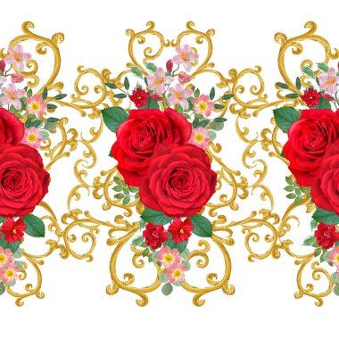 Garland, parlak kırmızı gül buketi parlak pembe çiçekler. Seamless modeli. Altın dokulu bukleler. Oryantal tarzı Arabesk. Parlak dantel. Hassas dokuma Ajur.