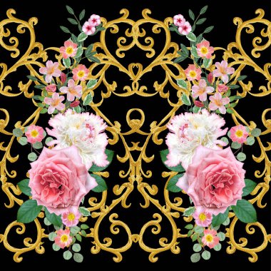 Garland, hassas turuncu gül, beyaz şakayık, parlak pembe çiçekler Buket. Seamless modeli. Altın dokulu bukleler. Oryantal tarzı arabesk. Parlak dantel. Hassas dokuma ajur.
