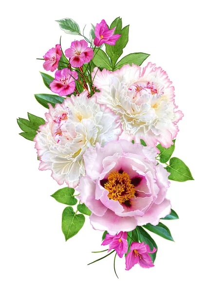 Çiçek kompozisyon. İhale beyaz pembe peonies, pastel gül, yeşil yaprakları bir buket. Beyaz arka plan üzerinde izole.